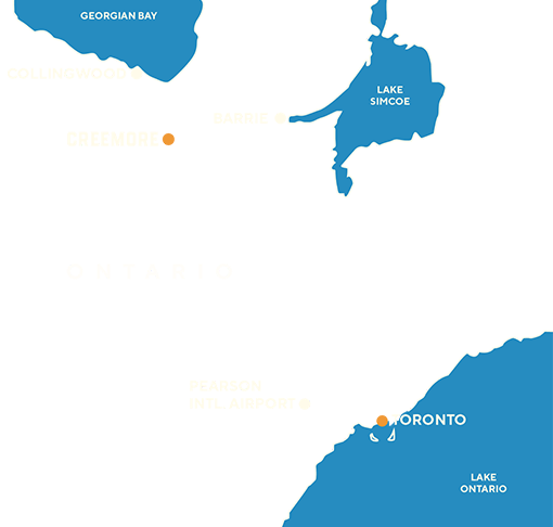 Map showing the distance with an arrow from Toronto to creemore near Collingwood in Georgian Bay